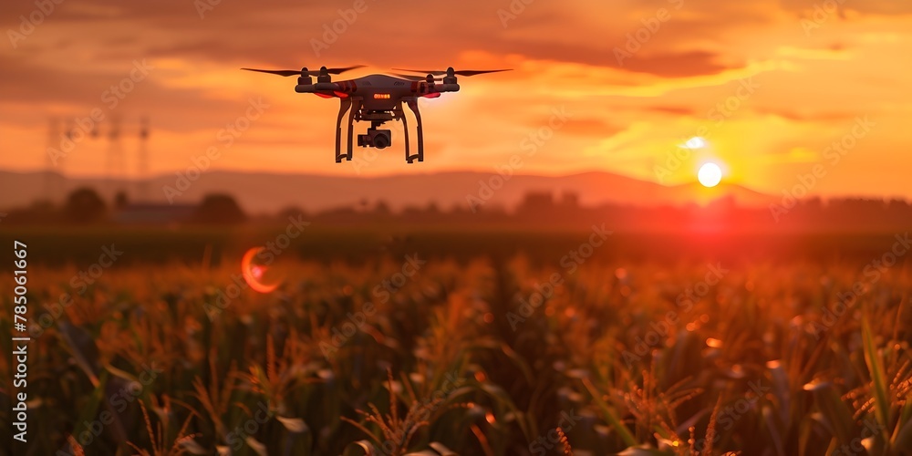 Poster drone hovers over vibrant cornfield during golden hour to optimize yield and resource use in sustain