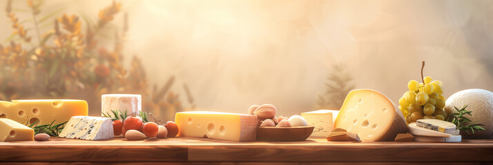 Artistic composition of a variety of cheese with fruits on a wooden table, perfect for gourmet food display - obrazy, fototapety, plakaty