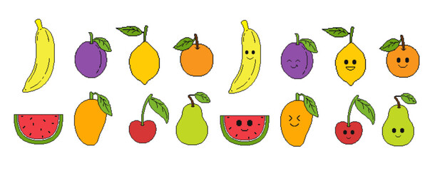 Set with pixel fruits. Pixel art illustration in retro style.