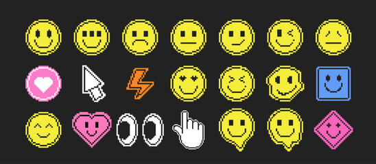 Set of retro stickers in the y2k style. Pixel art illustration. Smiley face, hashtag, heart, lightning bolt, arrow pointer. Vector illustration
