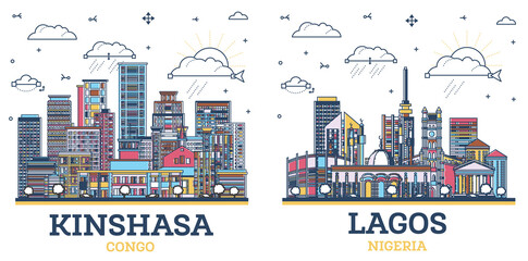 Outline Lagos Nigeria and Kinshasa Congo City Skyline set with Modern Colored Buildings Isolated on White. Cityscape with Landmarks. - obrazy, fototapety, plakaty