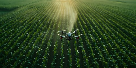 Aerial Drone Fertilizing Lush Cornfield for Precision Agriculture and Crop Optimization