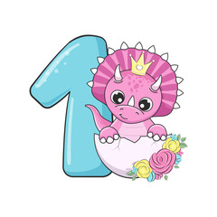 HAPPY birthday card for first birthday with dino. Vector illustration.