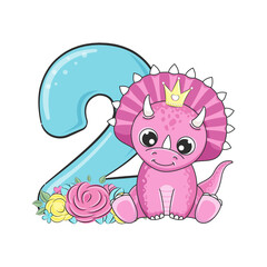 HAPPY birthday card for second birthday with dino. Vector illustration.