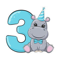 HAPPY birthday card for third birthday with hippo. Vector illustration. - obrazy, fototapety, plakaty
