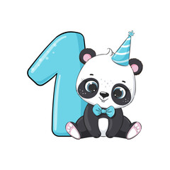 HAPPY birthday card for first birthday with panda. Vector illustration.