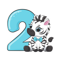 HAPPY birthday card for second birthday with zebra. Vector illustration. - obrazy, fototapety, plakaty