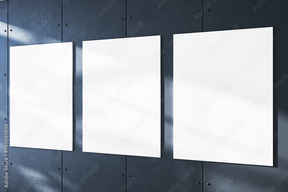 Poster three white canvases in a row on concrete wall, showcasing gallery shadows. display concept. 3d rend