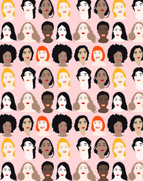 Pattern of rows of female faces against pink background