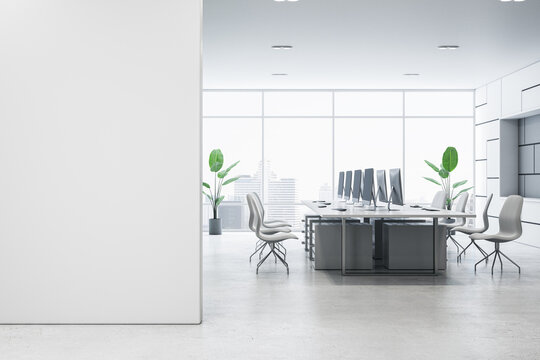 Contemporary office design with blank wall and minimalist decor. 3D Rendering