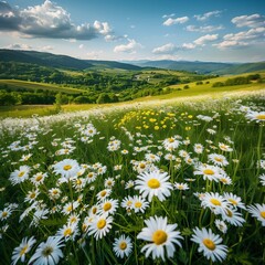 Fototapeta premium Daisies bloom in a vast meadow under a sunny sky, surrounded by mountains and wildflowers