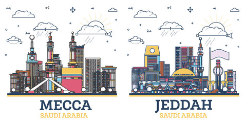 Outline Jeddah and Mecca Saudi Arabia city skyline set with colored modern and historic buildings isolated on white. Cityscape with landmarks. - 785062029