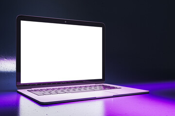 Close up of neon purple light gaming laptop with empty white mock up screen. 3D Rendering.