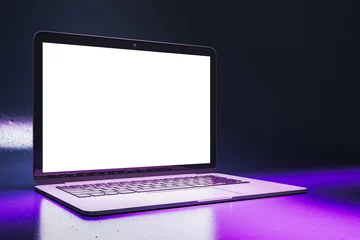 Rollo Close up of neon purple light gaming laptop with empty white mock up screen. 3D Rendering. © Who is Danny