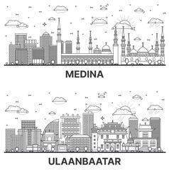 Outline Ulaanbaatar Mongolia and Medina Saudi Arabia City Skyline set with Modern and Historic Buildings Isolated on White. Cityscape with Landmarks. - 785062075