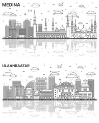 Outline Ulaanbaatar Mongolia and Medina Saudi Arabia City Skyline set with Reflections and Historic Buildings Isolated on White. Cityscape with Landmarks.