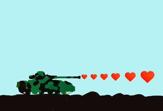 Military tank firing hearts against blue background
