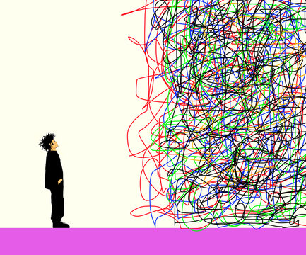 Confused boy looking at tangled lines against colored background