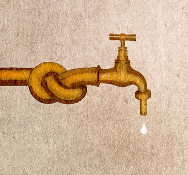 Water faucet with knotted pipe against textured background