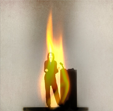 Angry woman speaking in flames on platform against beige background