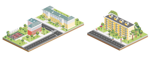 Isometric Residential District. Five Storey Buildings. Hotel with Tennis Court. Infographic Element. Illustration. City Architecture Isolated on White Background. Backyard Lawn. - 785062221