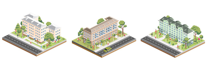 Isometric residential five and six storey buildings with people, road and trees. Icon or infographic element. Illustration. City home. Architectural symbol isolated on white background. 3D object. - 785062223