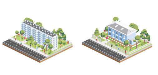 Isometric residential two and six storey buildings with people, road and trees. Icon or infographic element. Illustration. City home. Architectural symbol isolated on white background. 3D object. - 785062228