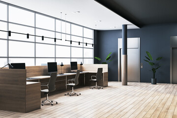 Clean coworking office interior with wooden flooring, panoramic windows with city view, dark concrete walls and various items and objects. 3D Rendering.