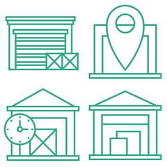 Outline small warehouse icon set isolated on white background. Part of supply chain. Boxes. Map marker. Clock.