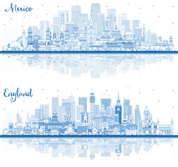 Outline Mexico and England Country Skyline with Blue Buildings and Reflections.