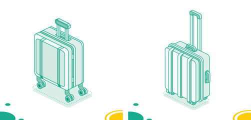 Small suitcase set on wheels isolated on white background. Isometric outline icon. Luggage. Travel symbol. - 785062264