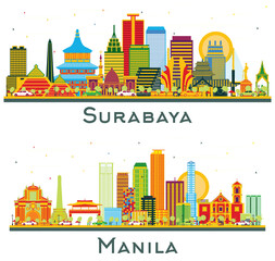 Manila Philippines and Surabaya Indonesia Skyline set with Color Buildings isolated on white. Cityscape with Landmarks.