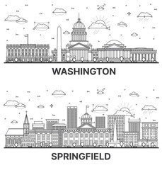 Outline Springfield Illinois and Washington DC City Skyline set with Historic Buildings Isolated on White. Cityscape with Landmarks.