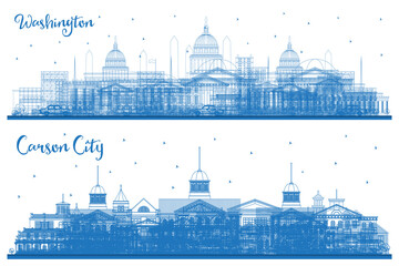 Outline Carson City Nevada and Washington DC USA City Skyline set with Blue Buildings. Business Travel and Tourism Concept with Historic Buildings. Washington DC Cityscape with Landmarks. - 785062447