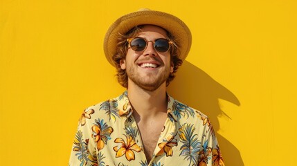 Cheerful young male tourist wearing a beach shirt hat and sunglasses isolated yellow background - obrazy, fototapety, plakaty