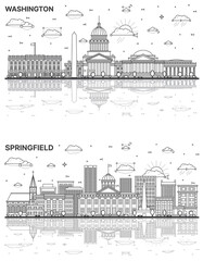 Outline Springfield Illinois and Washington DC City Skyline set with Historic Buildings and Reflections Isolated on White. Cityscape with Landmarks.