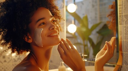  A woman with a satisfied smile as she applies a hydrating essence, the high-resolution image capturing the nourishment and the mirror reflecting her contentment.