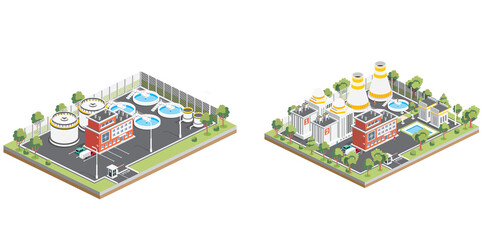 Isometric Wastewater Treatment Facility and Nuclear Power Plant. Infographic Design Element Isolated on White Background.
