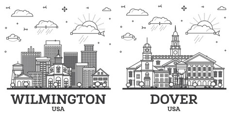 Outline Dover and Wilmington Delaware USA City Skyline set with Historic Buildings Isolated on White. Cityscape with Landmarks.