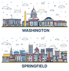 Outline Springfield Illinois and Washington DC City Skyline set with Colored Historic Buildings Isolated on White. Cityscape with Landmarks.