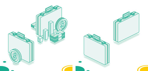 Business briefcase with columns, dollar coin and stack of dollars. Isometric outline concept. Illustration. 3d objects.