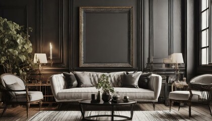 Fototapeta na wymiar Timeless Elegance: Retro-Inspired Living Room Interior with Mockup Frame in Black - 3D Rendering