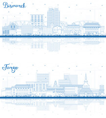 Outline Fargo and Bismarck North Dakota City Skyline set with Blue Buildings and reflections. Cityscape with Landmarks. - 785062641