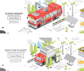 Electric Truck and Bus with Charging Station. Isometric Concept. Solar Panels and Wind Turbines on a Background. Clean Energy Concept. - 785062645