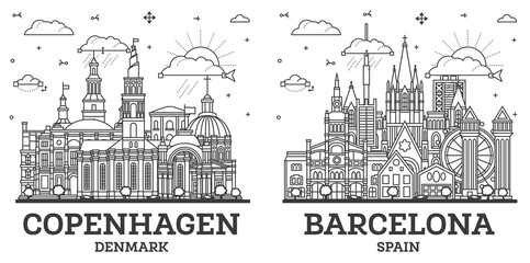 Outline Barcelona Spain and Copenhagen Denmark City Skyline set with Modern and Historic Buildings Isolated on White. Cityscape with Landmarks. - 785062656