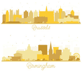 Birmingham UK and Brussels Belgium City Skyline Silhouette set with Golden Buildings Isolated on White. Cityscape with Landmarks.