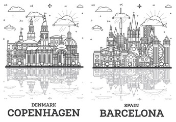 Outline Barcelona Spain and Copenhagen Denmark City Skyline set with Historic Buildings and reflections Isolated on White. Cityscape with Landmarks.