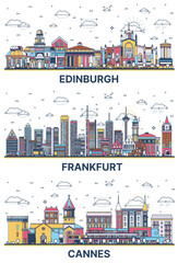 Outline Frankfurt Germany, Cannes France and Edinburgh Scotland City Skyline set with Colored Modern and Historic Buildings Isolated on White. Cityscape with Landmarks. - 785062807