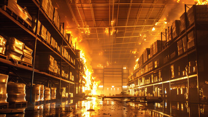 Warehouse inferno with shelves and goods ablaze.