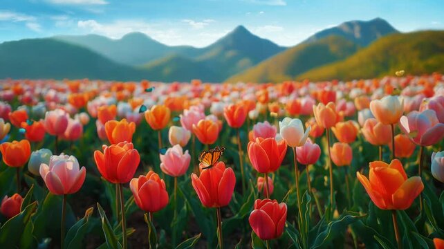 Mountain wildflowers in spring nature landscape.seamless looping time-lapse 4K video background